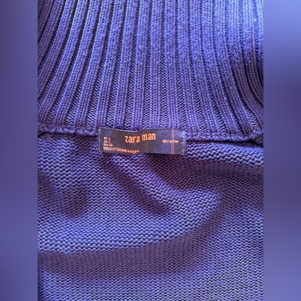 ZARA Man Textured Full Zip Pullover in dark Navy cotton size Large knit - Picture 8 of 16